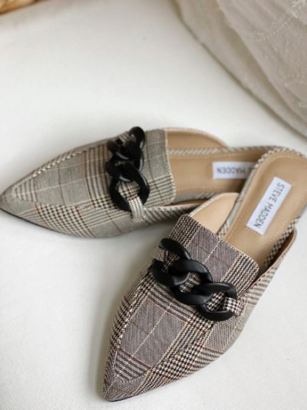 Steve Madden Fleur Plaid Pointed-Toe Mules with Black Chain Accent